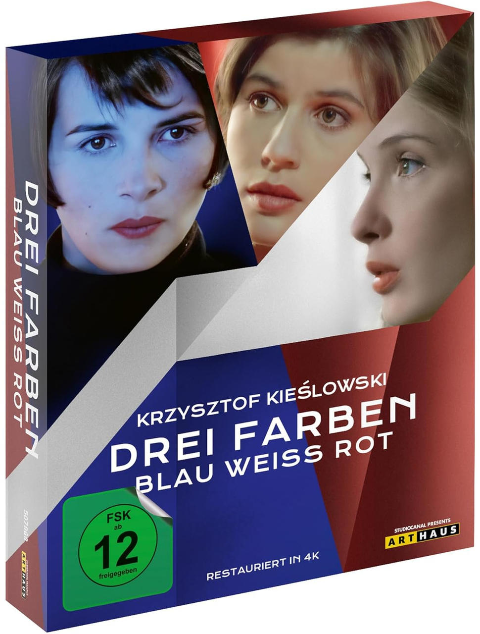 Filmcover mit drei Frauengesichtern. Titel: Drei Farben Blau Weiss Rot.