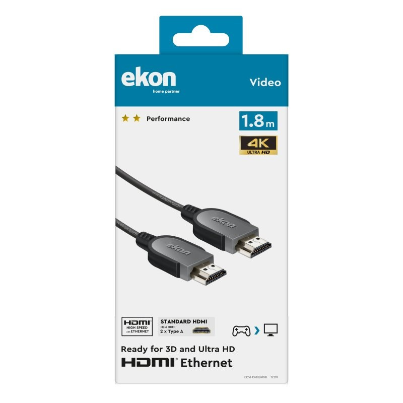 Opakowanie kabla HDMI z tekstem i grafiką, białe tło.