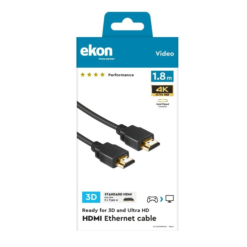 Czarny kabel HDMI w opakowaniu, pokazujący jego cechy i typ połączenia.