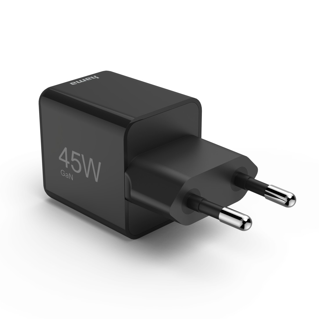 Ein schwarzes 45W GaN-Ladegerät mit einem zweipoligen Stecker, vor weißem Untergrund.