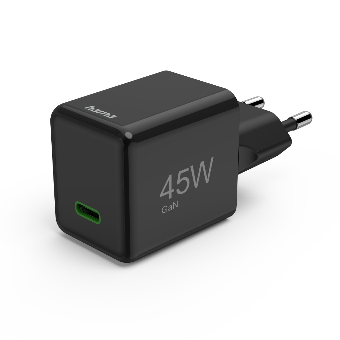 Schwarzes 45W GaN-Ladegerät mit grünem Anschluss auf weißem Hintergrund.