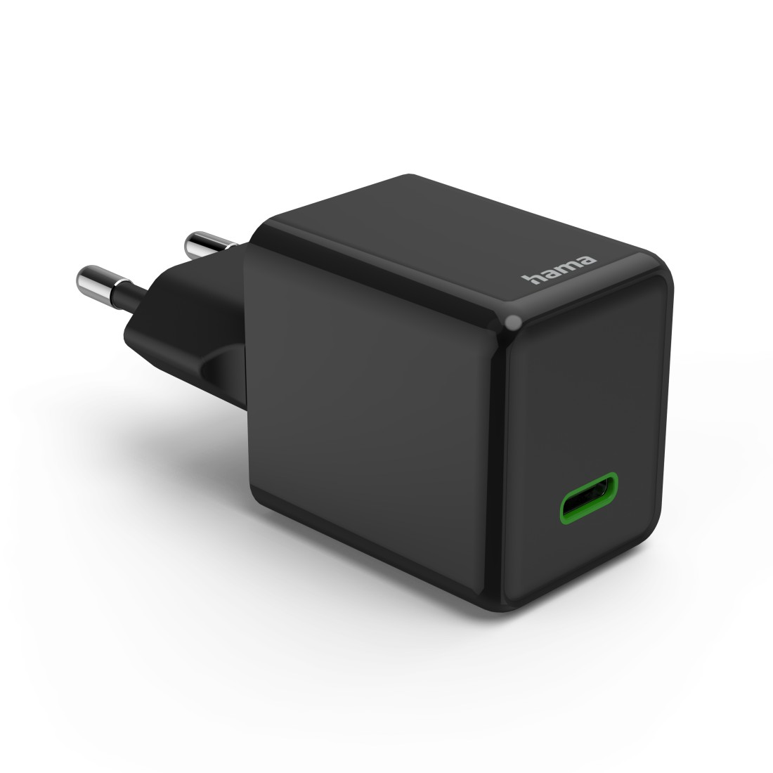 Schwarzes Hama-Ladegerät. Zwei Stifte und ein grüner USB-C-Anschluss.