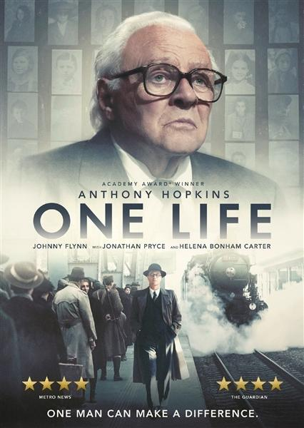 Filmposter: Anthony Hopkins met bril, met andere mensen en een trein. Tekst: ONE LIFE.