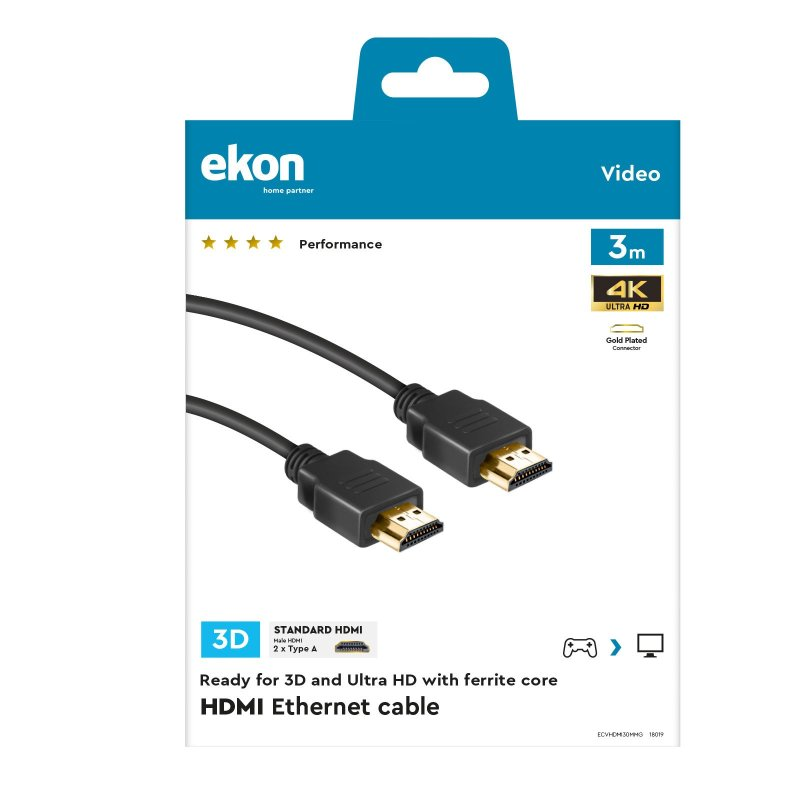 Kabel HDMI w pudełku. Czarne kable ze złotymi złączami.