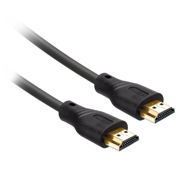 Dwa czarne kable HDMI ze złotymi złączami. Leżą na białym tle.