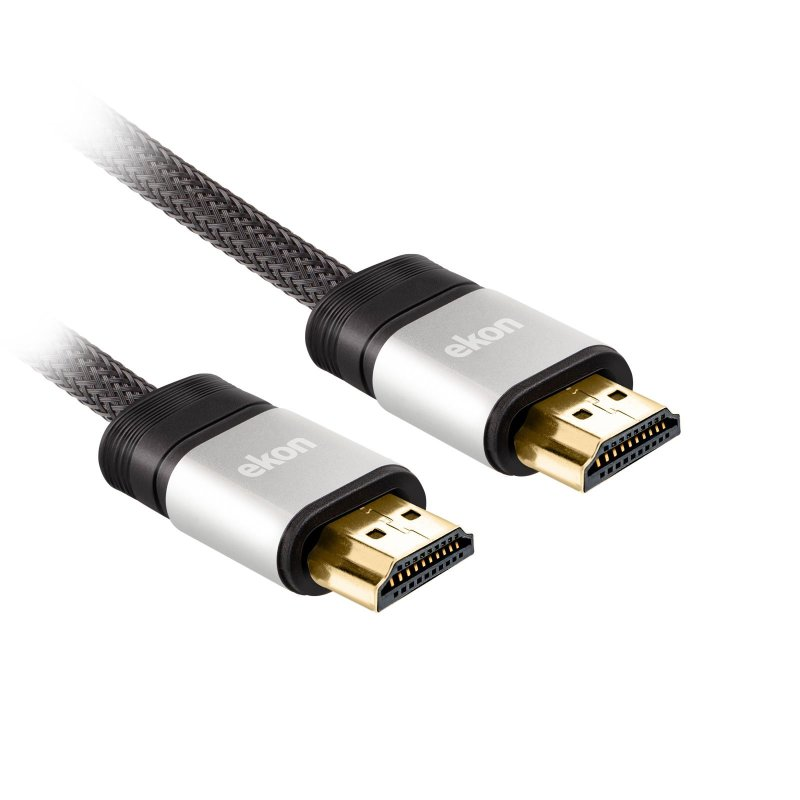 Kabel HDMI z dwoma srebrnymi złączami i złotymi wtyczkami. Kabel jest czarno-szary.