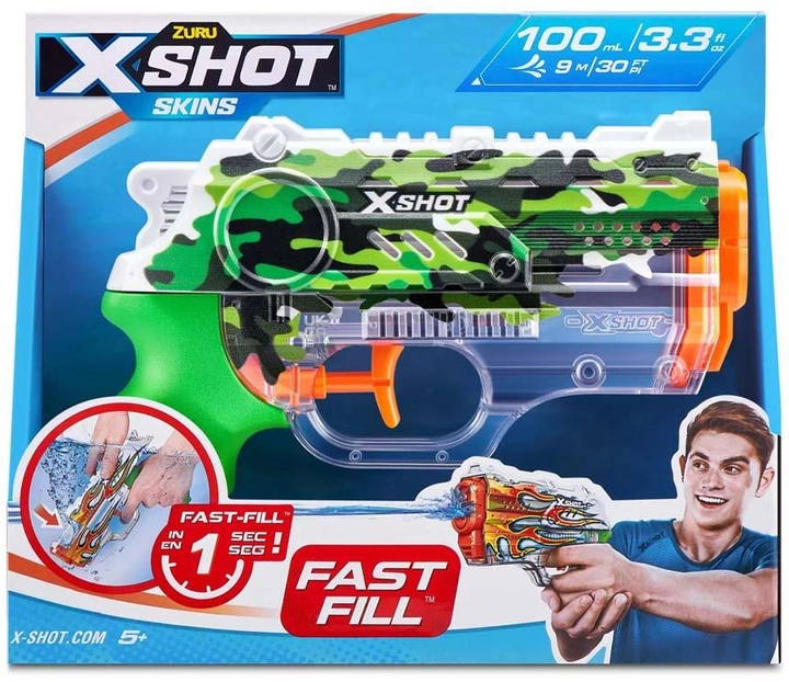 Zabawka pistolet na wodę w opakowaniu z uśmiechniętym mężczyzną.