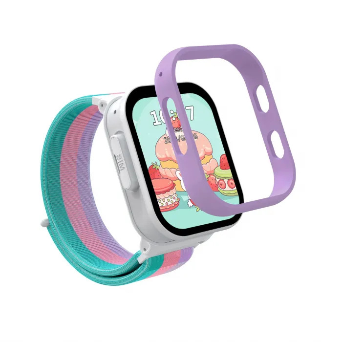 Smartwatch z fioletową ramką i kolorowym paskiem, pokazujący ekran gry.