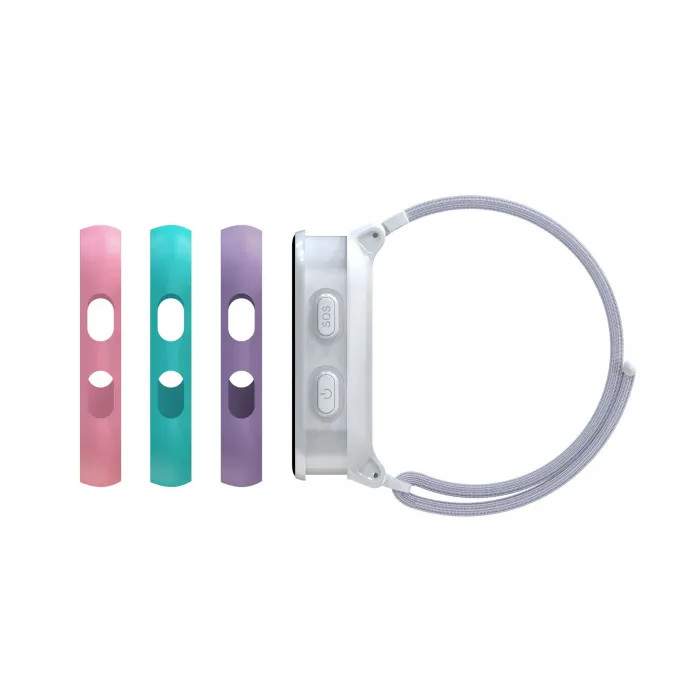 Smartwatch z trzema kolorowymi paskami i szarym paskiem, na białym tle.