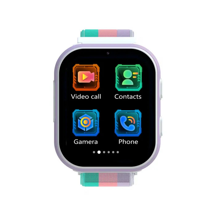 Smartwatch z ikonami aplikacji do rozmów wideo, kontaktów, kamery i telefonu.