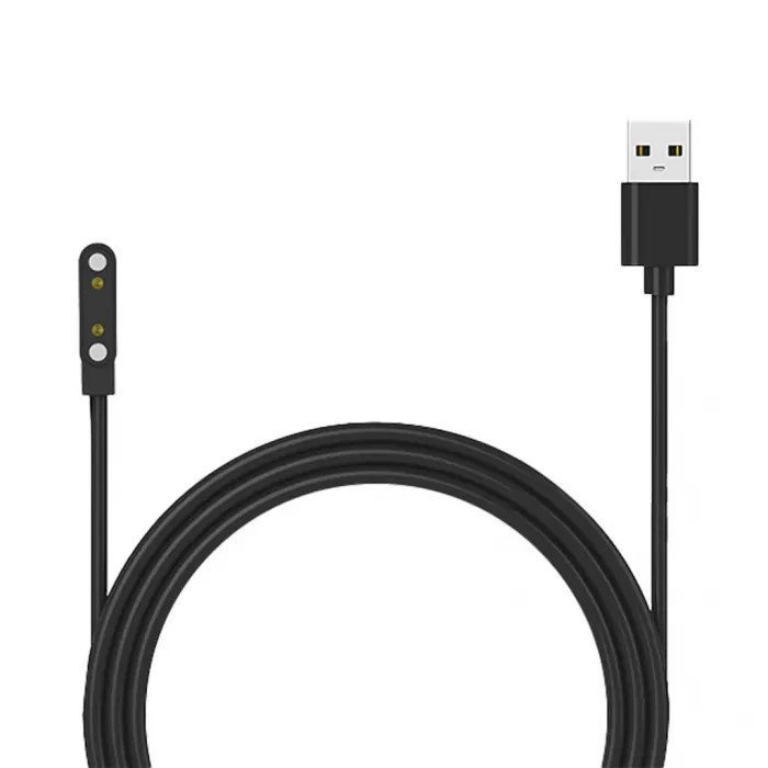 Czarny kabel ładujący ze złączem USB na jednym końcu i pinami ładującymi na drugim.