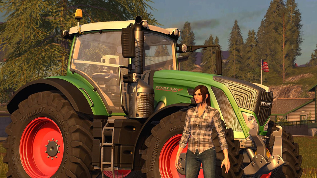Une femme debout à côté d'un tracteur vert dans un champ avec des arbres et un drapeau.