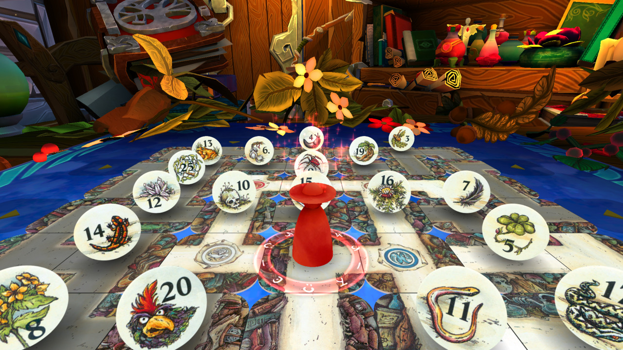 Un plateau de jeu avec des jetons numérotés. Une figurine rouge est au centre. Décorations en bois en arrière-plan.