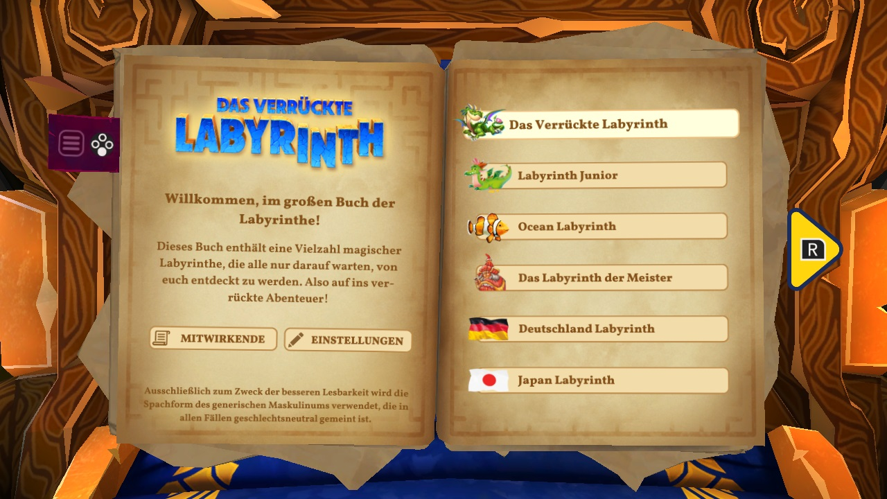 Livre ouvert, menu de jeu, texte en allemand. Illustrations colorées.