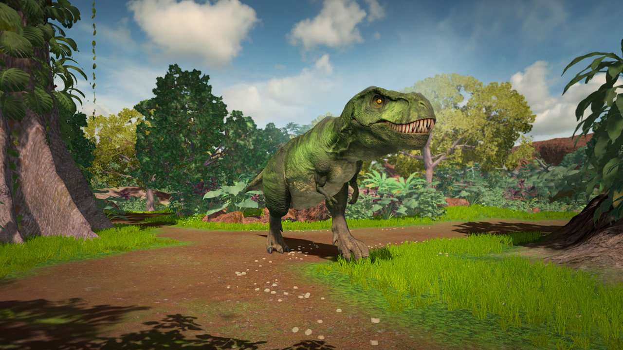 Ein grüner T-Rex in einer Dschungelkulisse, nach vorne gerichtet, mit aufgerissenen Zähnen.