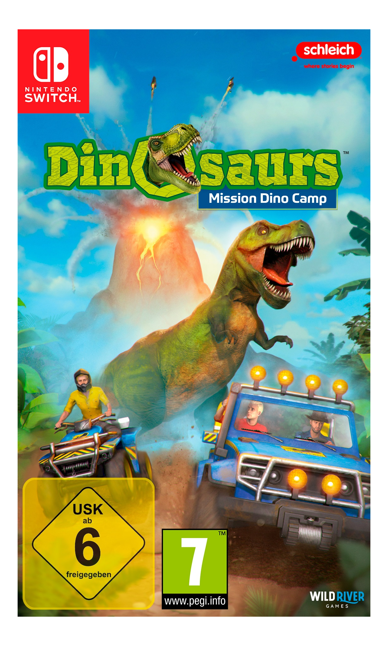 Dino Mission Dino Camp Spielcover mit Dinosaurier und Auto, bewirbt ein Nintendo Switch Spiel.