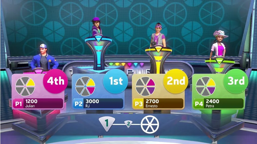 Eine Spielshow-Szene mit Kandidaten und einem bunten Rad.