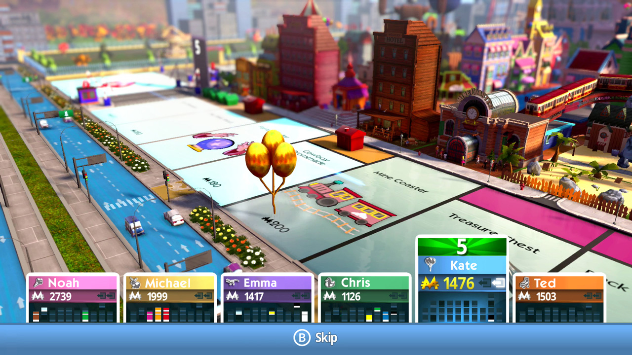 Monopoly-Spielbrett mit bunten Gebäuden und Spielersymbolen.