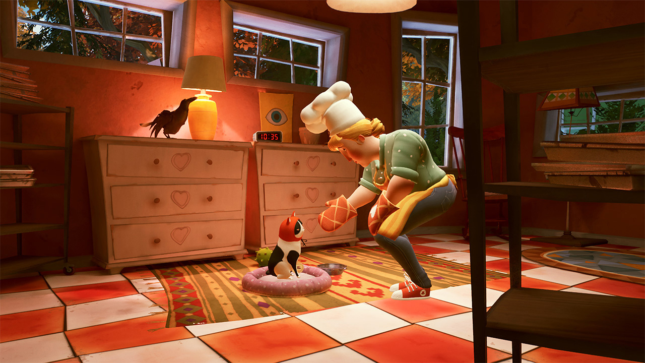 Scena animata di uno chef con un gatto in un ambiente cucina giocoso.