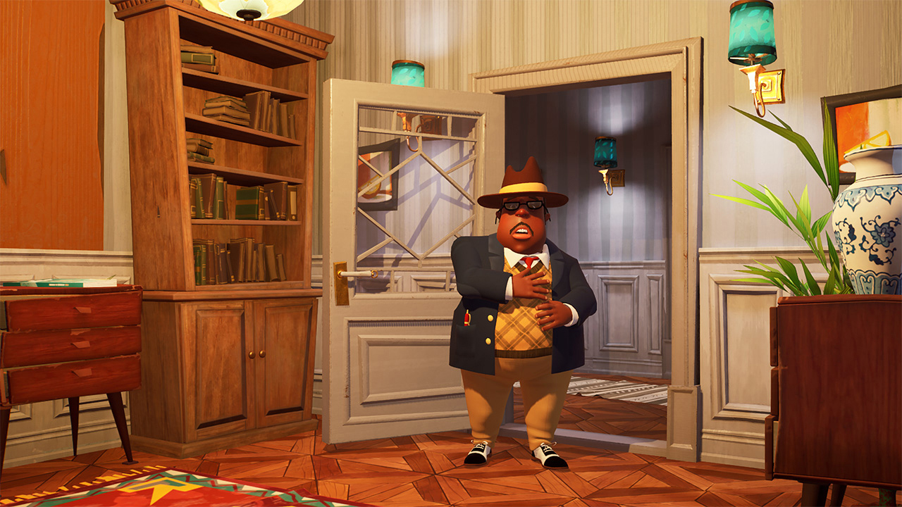 Uomo animato in una stanza, con un cappello, in piedi in una porta, con una libreria.