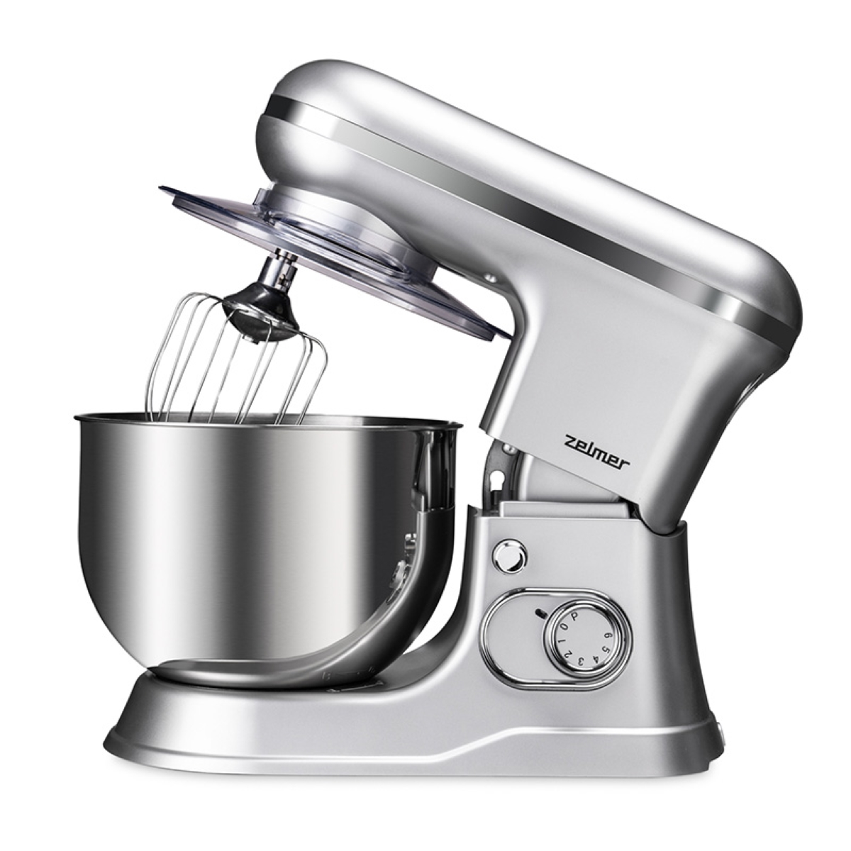 Srebrny mikser stojący z misą, trzepaczką i otwartą pokrywą.