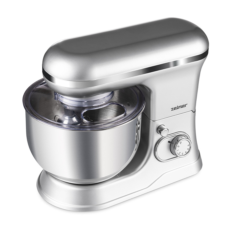 Srebrny mikser stojący z zamkniętą pokrywą i pokrętłem.