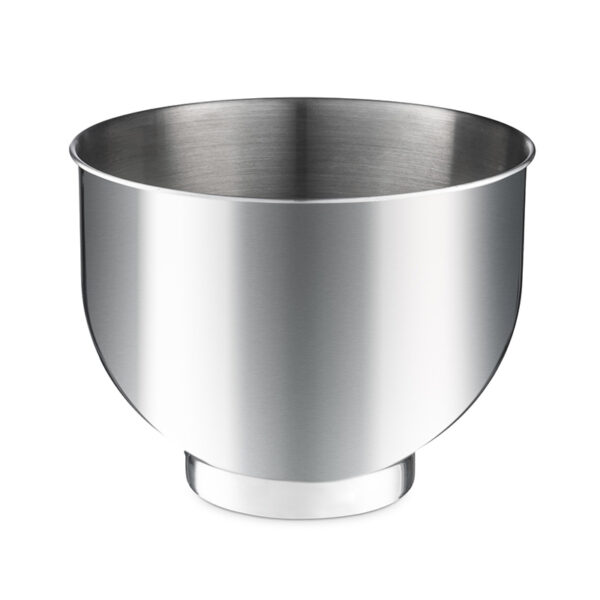 Miska do mieszania ze stali nierdzewnej. Ma zaokrąglony korpus i małą podstawę.