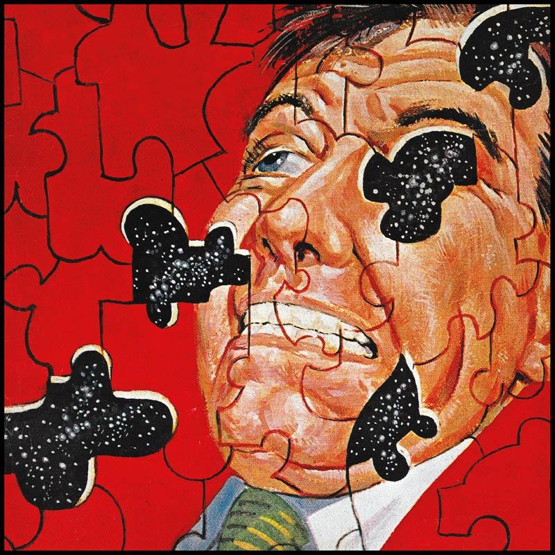 Ein ratloses Gesicht aus Puzzleteilen. Die fehlenden Teile enthüllen einen sternenklaren Nachthintergrund.