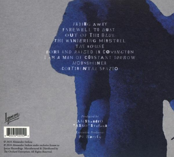 Albumcover, blaue abstrakte Kunst mit Songtiteln und Credits in weißem Text.