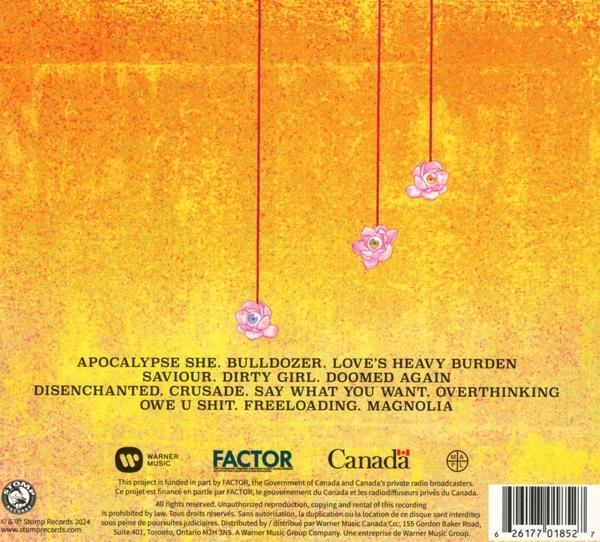 Albumcover mit Text und kleinen rosa Blumenillustrationen auf orangefarbenem Hintergrund.