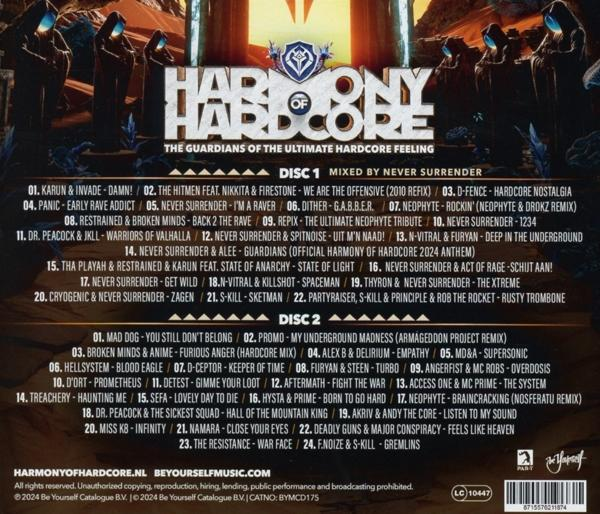 Albumcover mit Text für Harmony of Hardcore, einschließlich Künstlernamen und Titellisten.