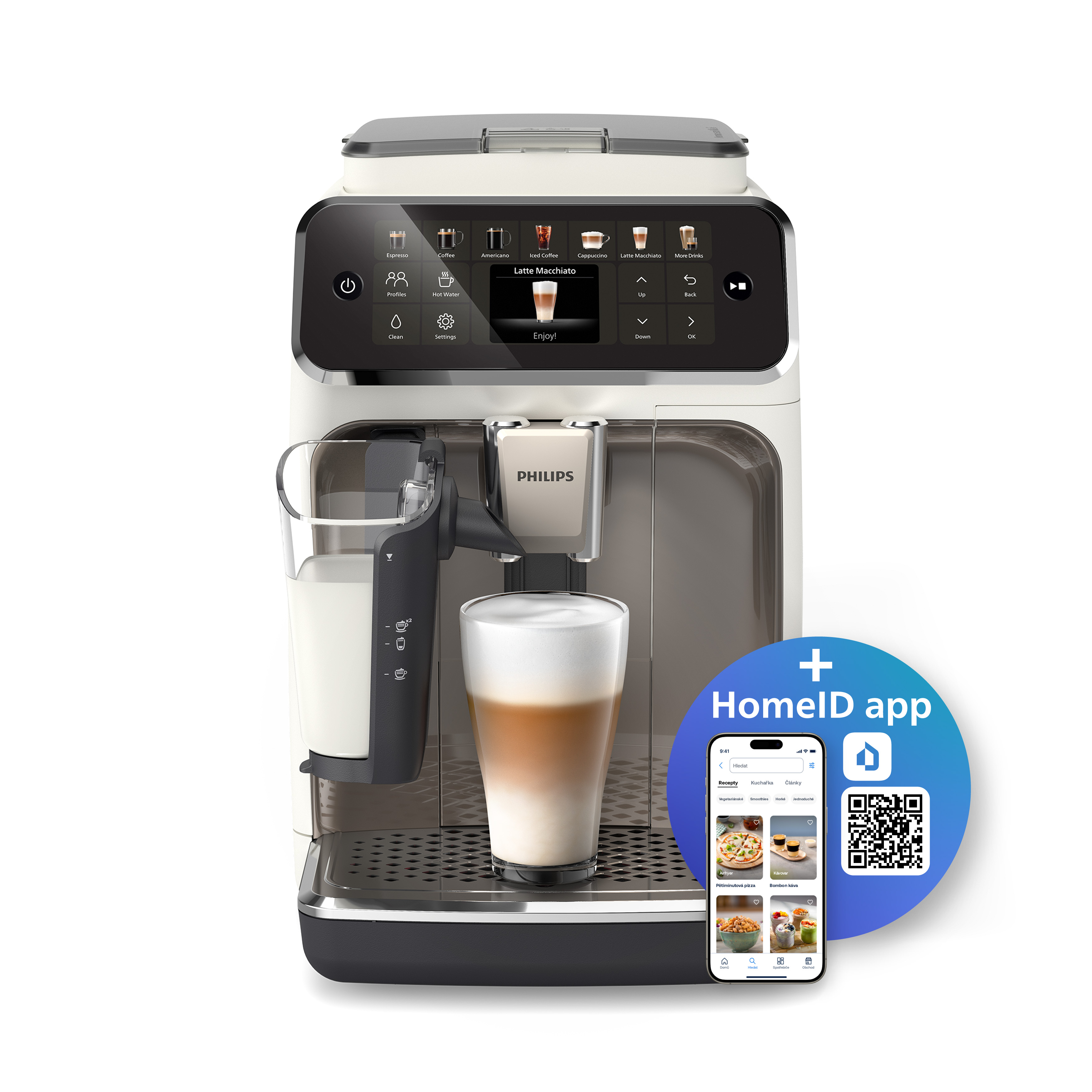 Philips eszpresszó gép latte-val egy pohárban. Egy telefon látható az alkalmazással.