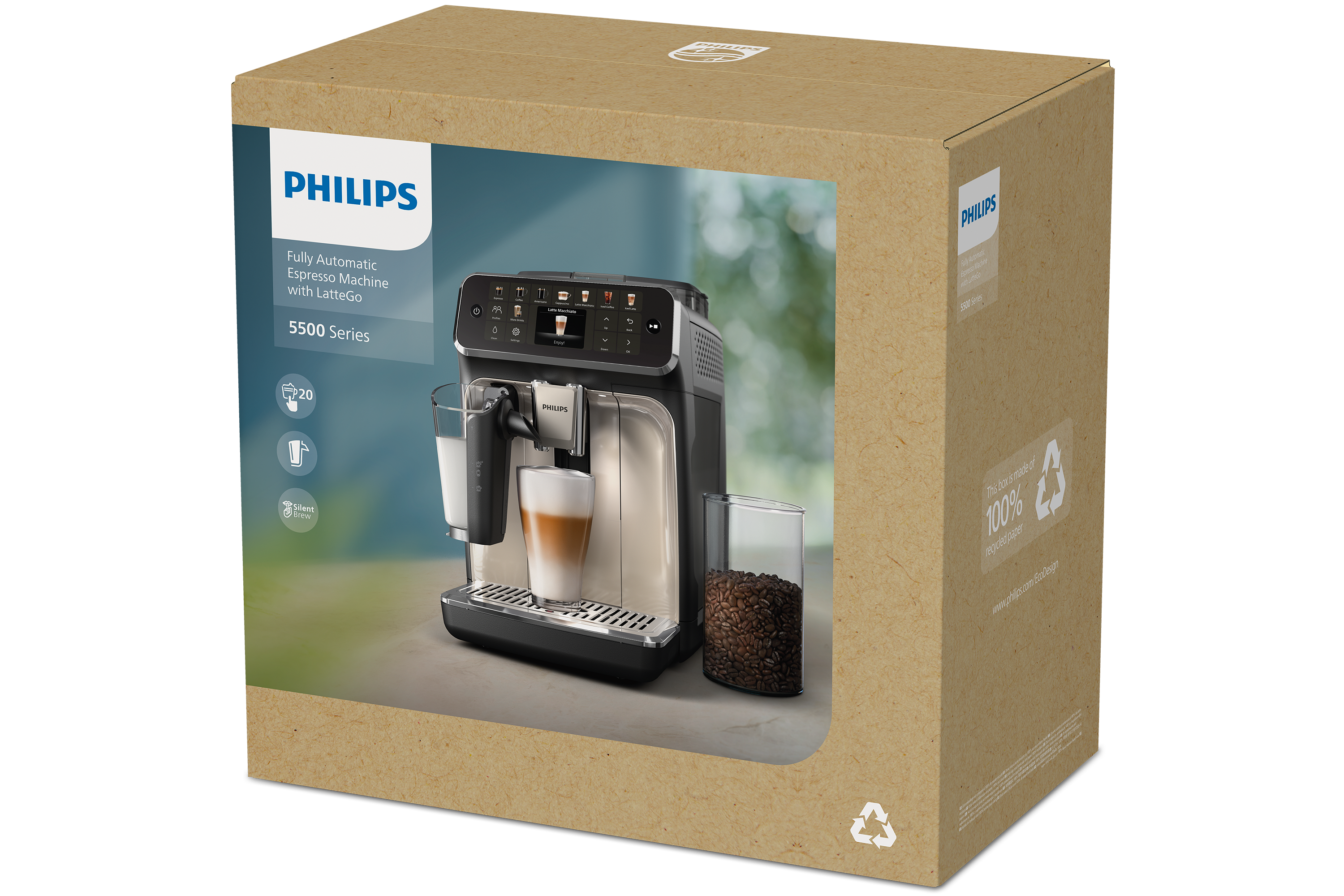 Egy Philips eszpresszógép a karton csomagolásában, kávéval és tejjel.