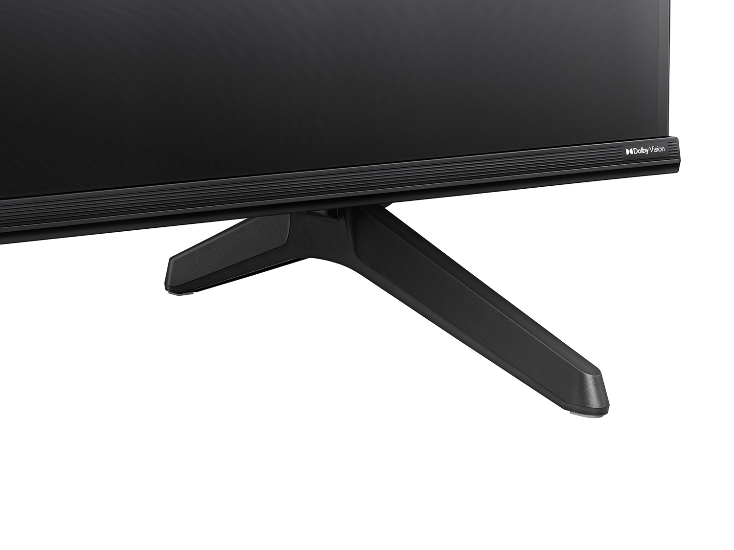 Zbliżenie czarnego telewizora. Ma dwie nogi i cienką ramkę z marką Dolby Vision.