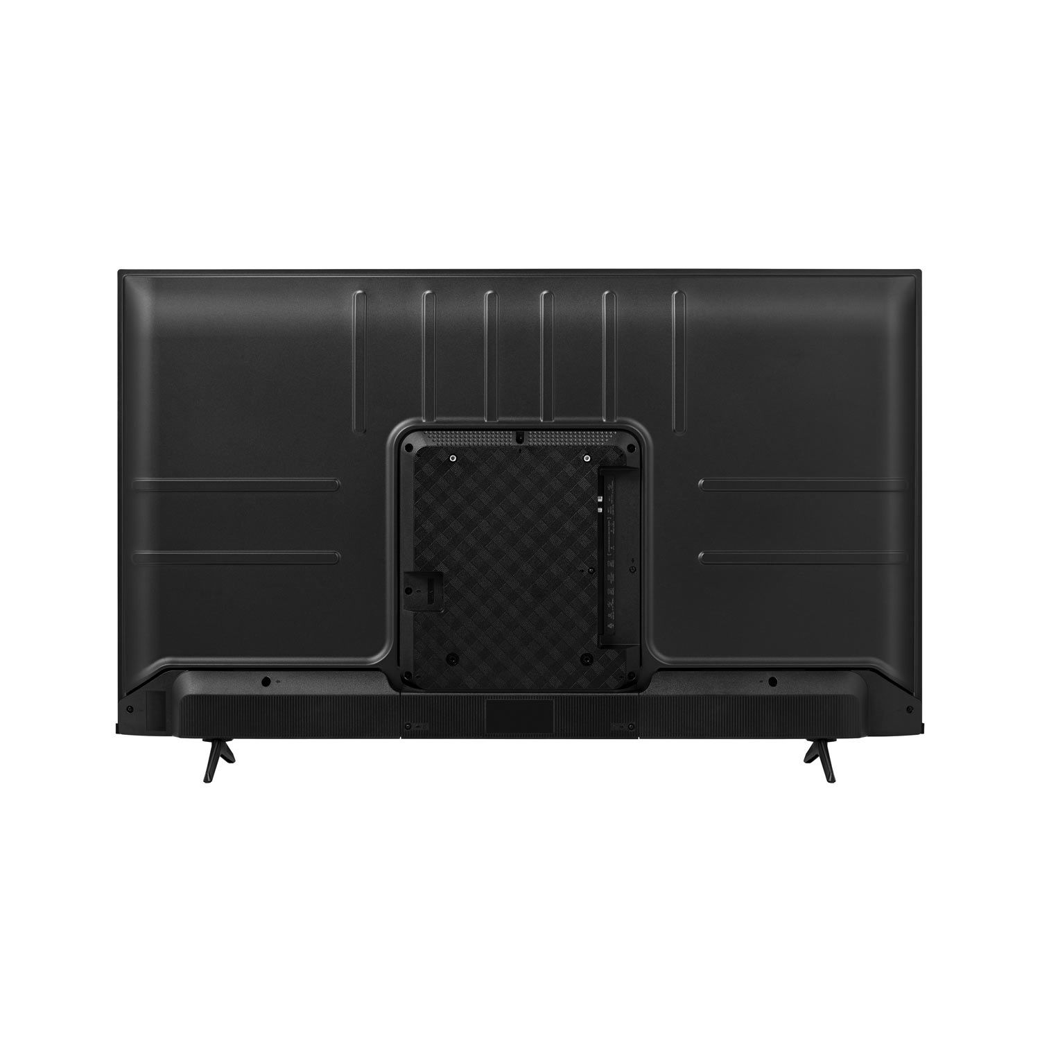 Tył czarnego telewizora. Ma teksturowany tył i kilka portów.
