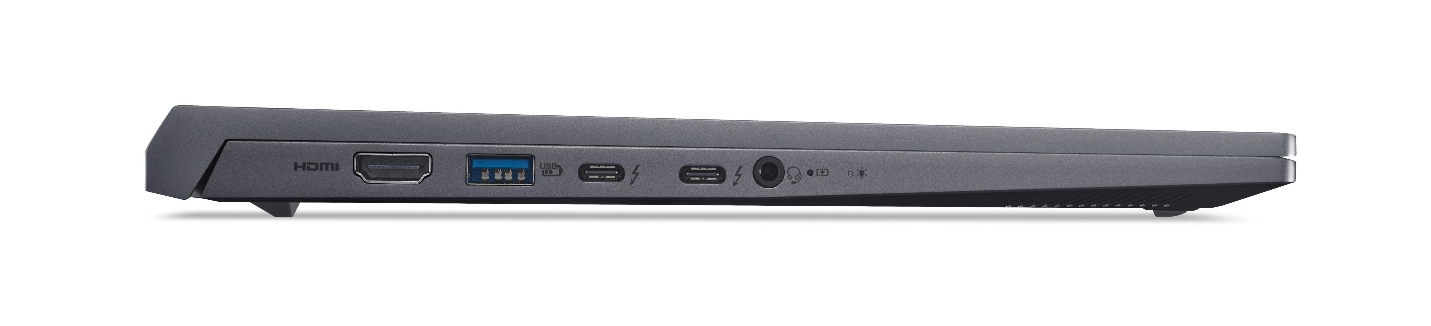 Laptop-Seitenansicht. Zeigt HDMI-, USB-, Thunderbolt- und Audioanschlüsse.