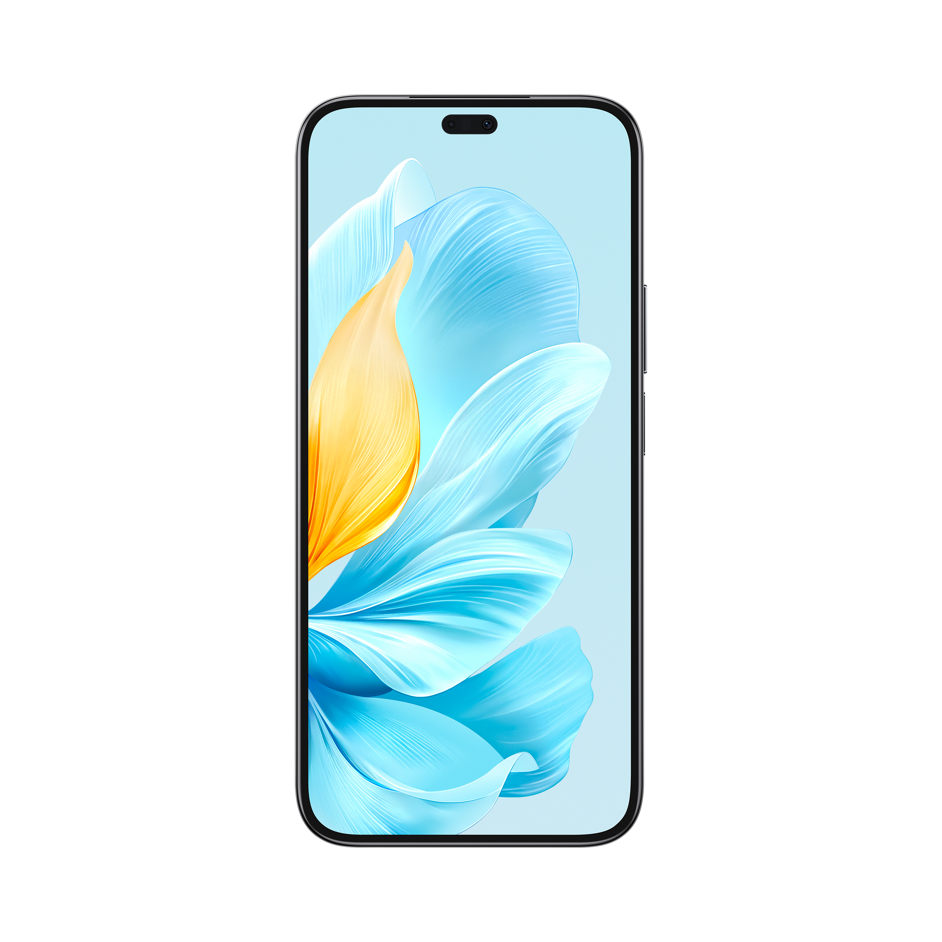 Smartphone mit großem Display, das ein blau-gelbes Blumendesign zeigt, vor weißem Hintergrund.