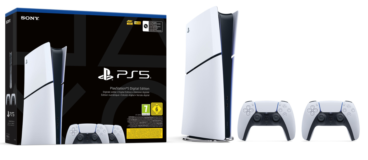 PlayStation 5 console, doos, twee controllers en accessoires.