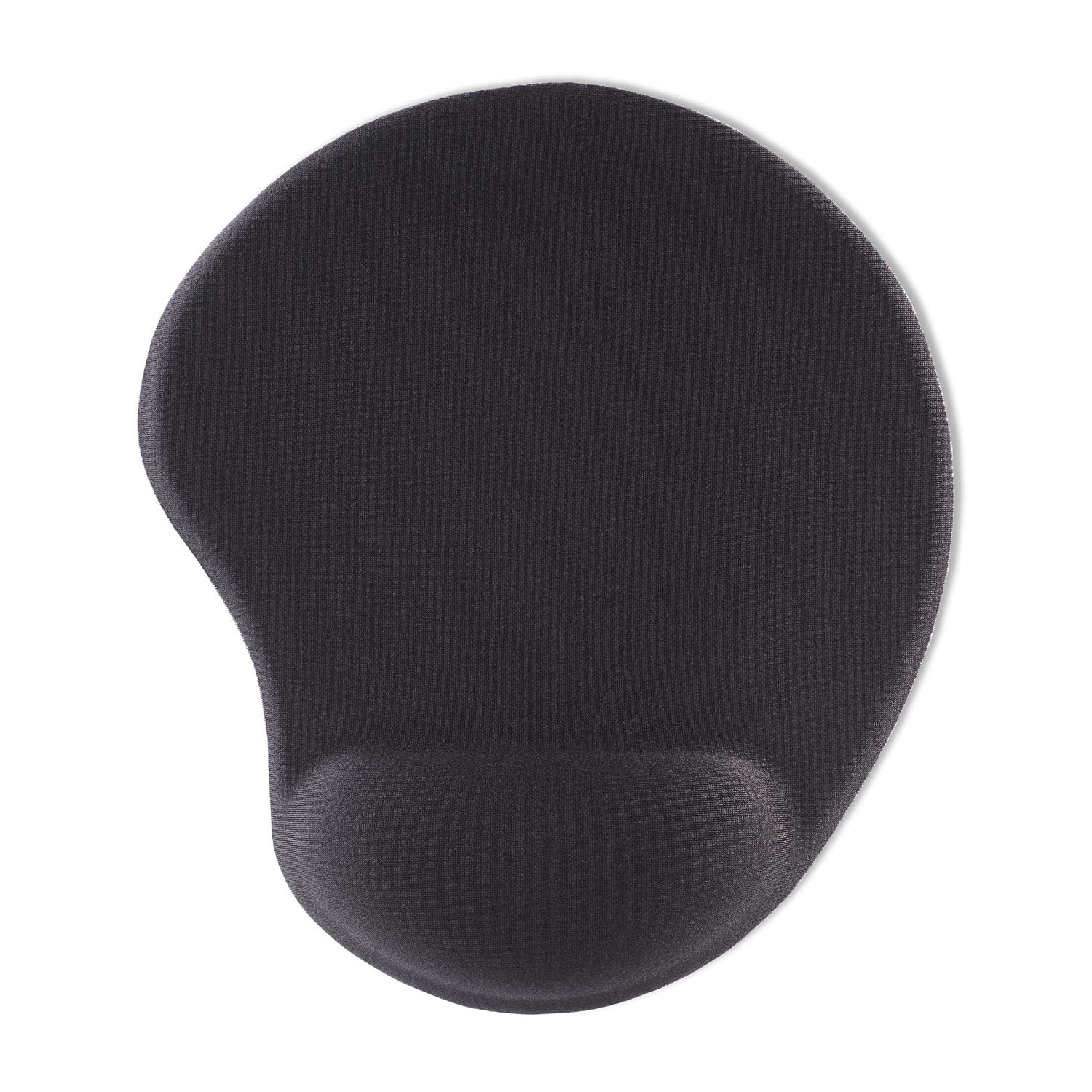 Tappetino per mouse ergonomico nero con poggiapolsi, su sfondo bianco, vista dall'alto.