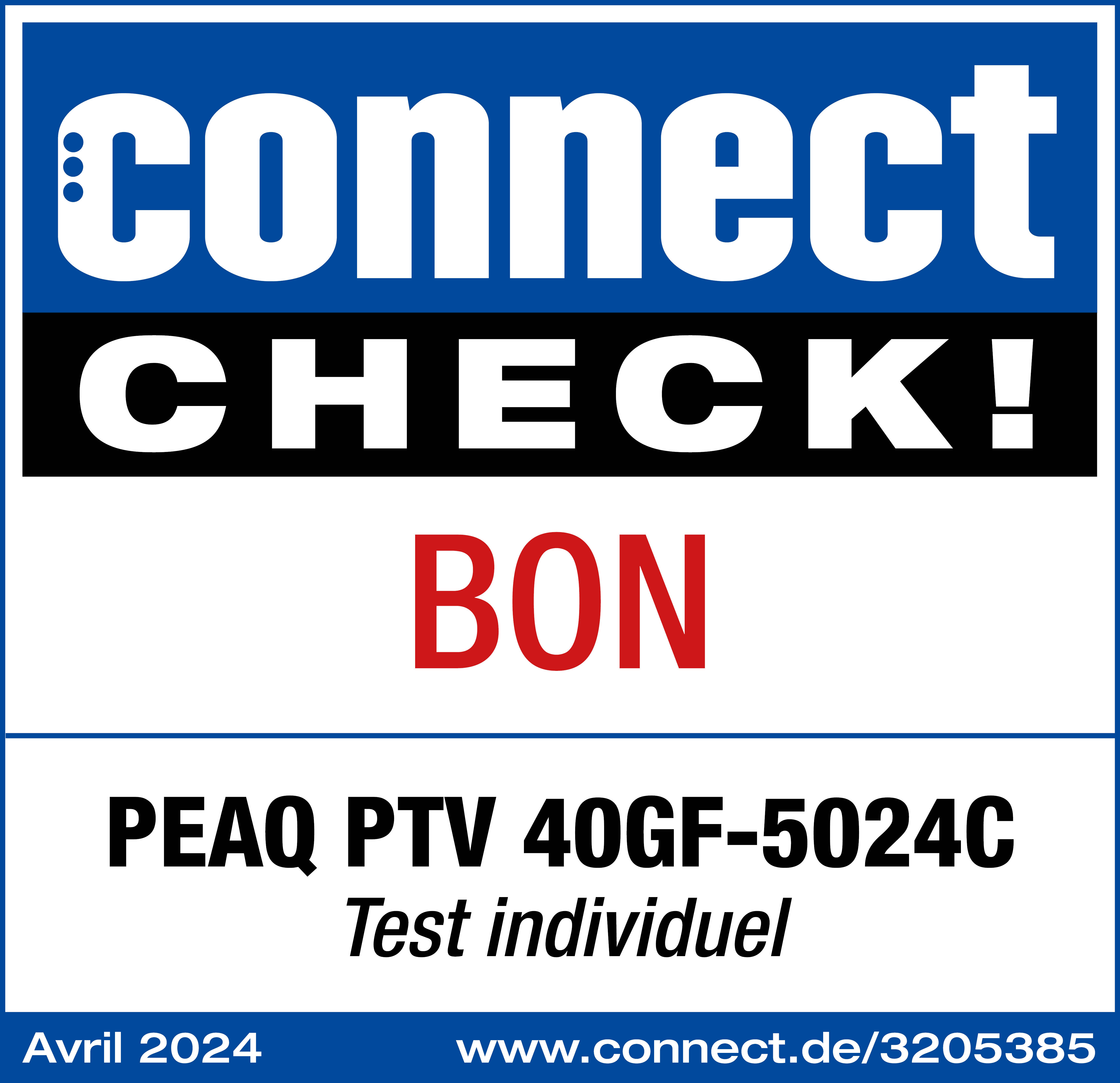 Connect Check! BON-Label. Text ist weiß auf blauem und schwarzem Hintergrund. Enthält einen Testbericht.