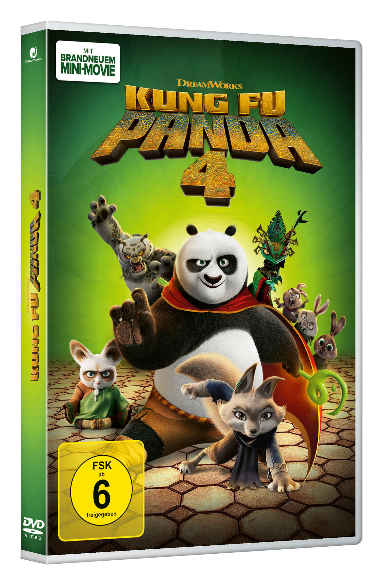 DVD-Cover für 'Kung Fu Panda 4', mit Charakteren und Titeldesign.