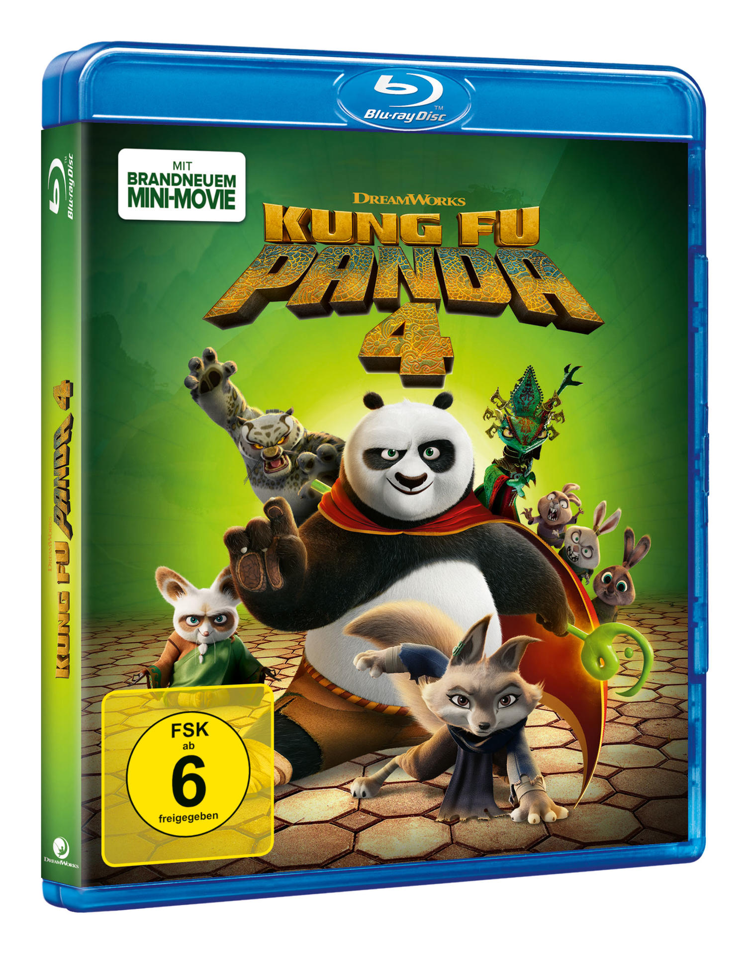 Kung Fu Panda 4 Blu-ray Disc. Panda und andere Charaktere auf dem Cover.