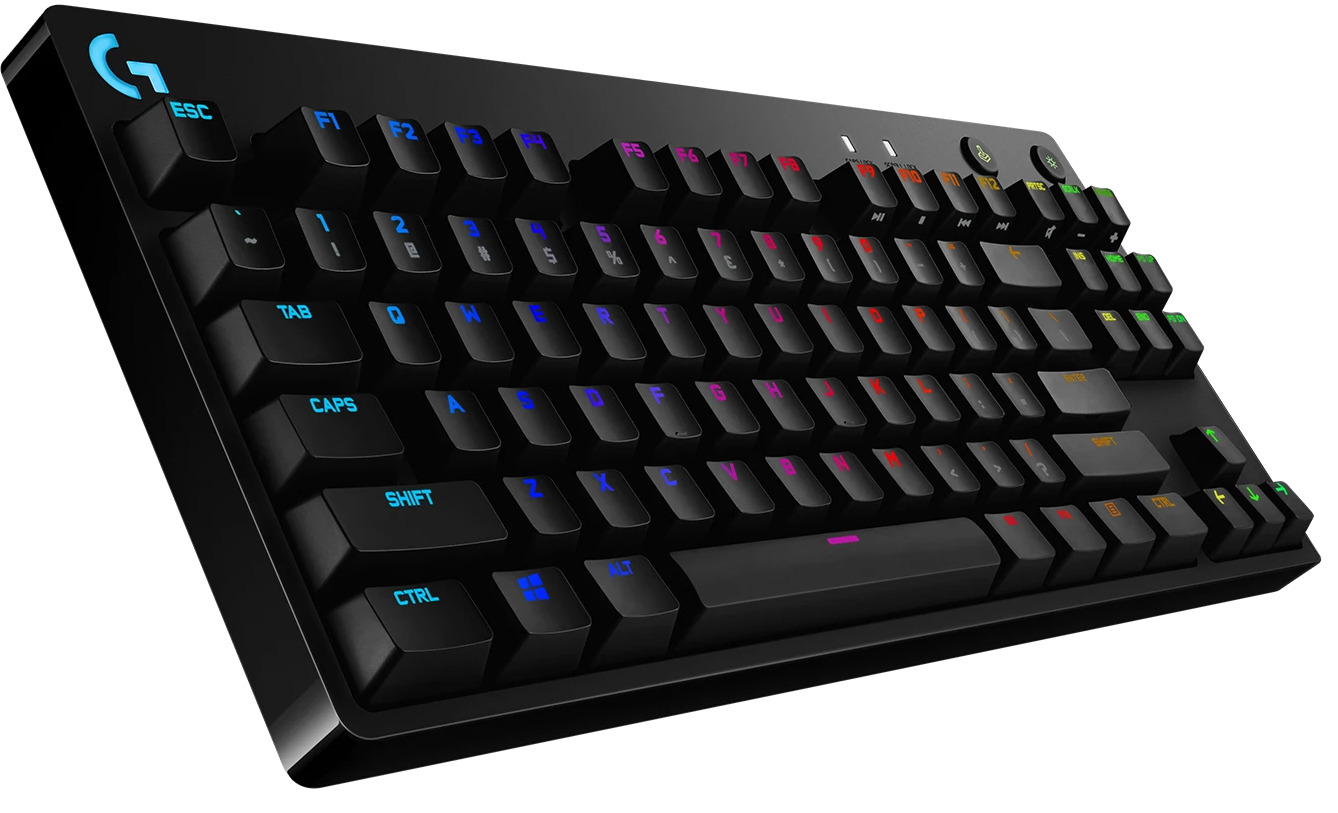Fekete gamer billentyűzet többszínű gombokkal, oldalsó nézetben.