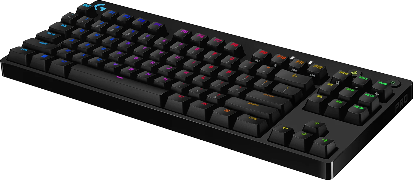 Fekete gamer billentyűzet, színes betűkkel és szimbólumokkal. A PRO oldalt van.