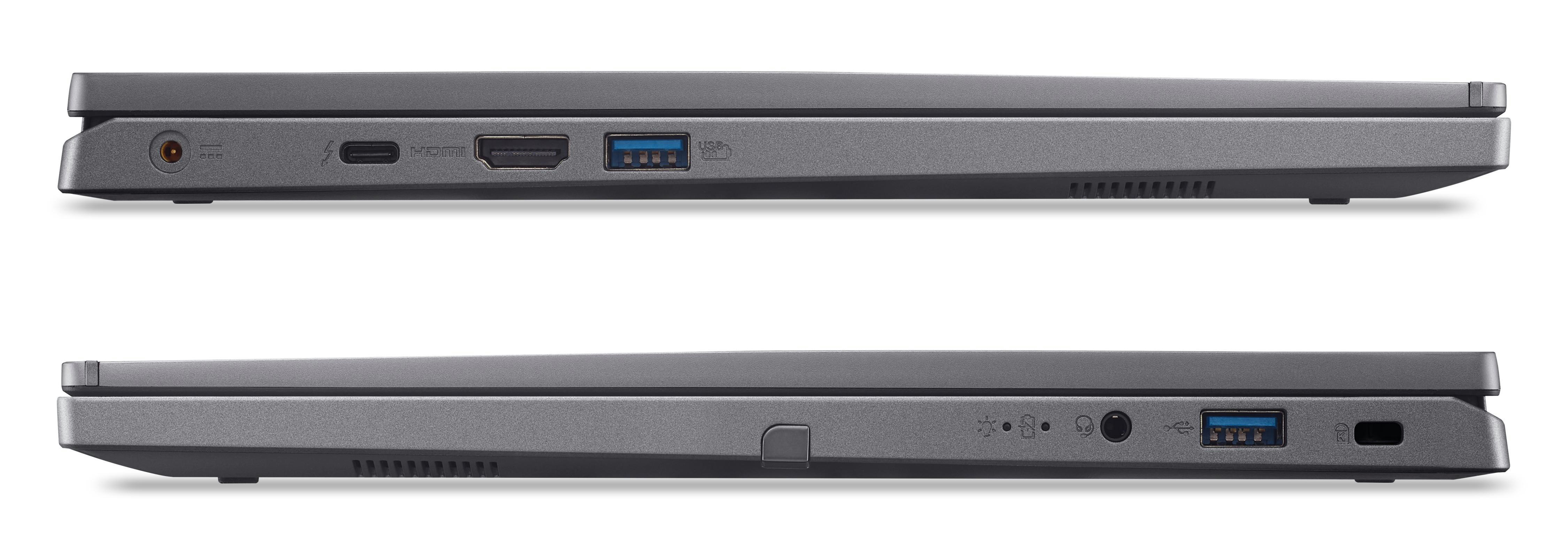 Nahaufnahme der Laptopseite mit Anschlüssen: USB, HDMI und USB-C. Weißer Hintergrund.
