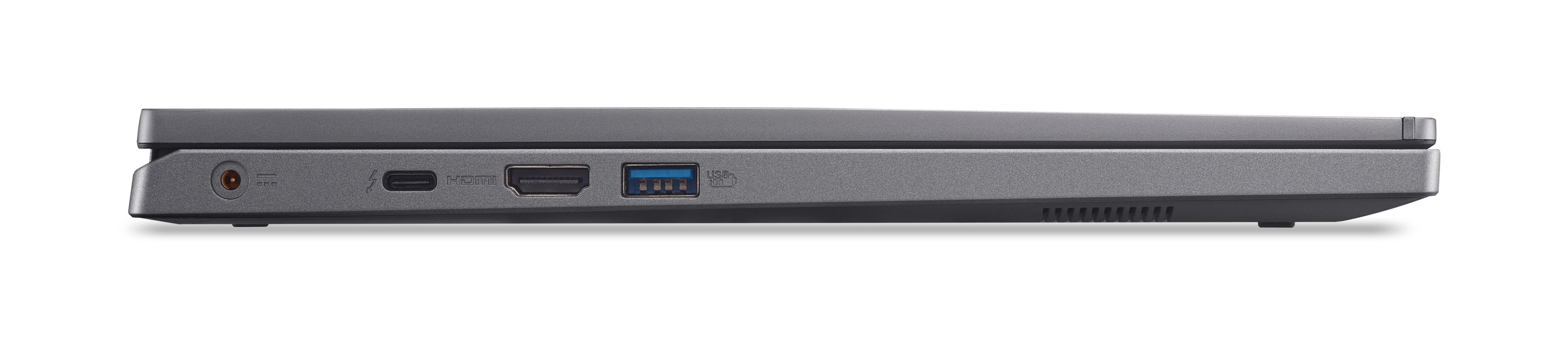 Seitenansicht eines Laptops, zeigt Anschlüsse: HDMI, USB, Audio. Weißer Hintergrund.