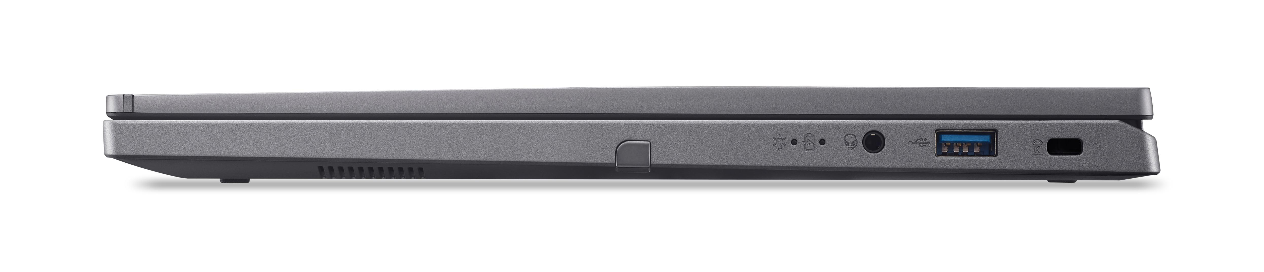 Seitenansicht eines Laptops mit Anschlüssen und schlankem Profil.