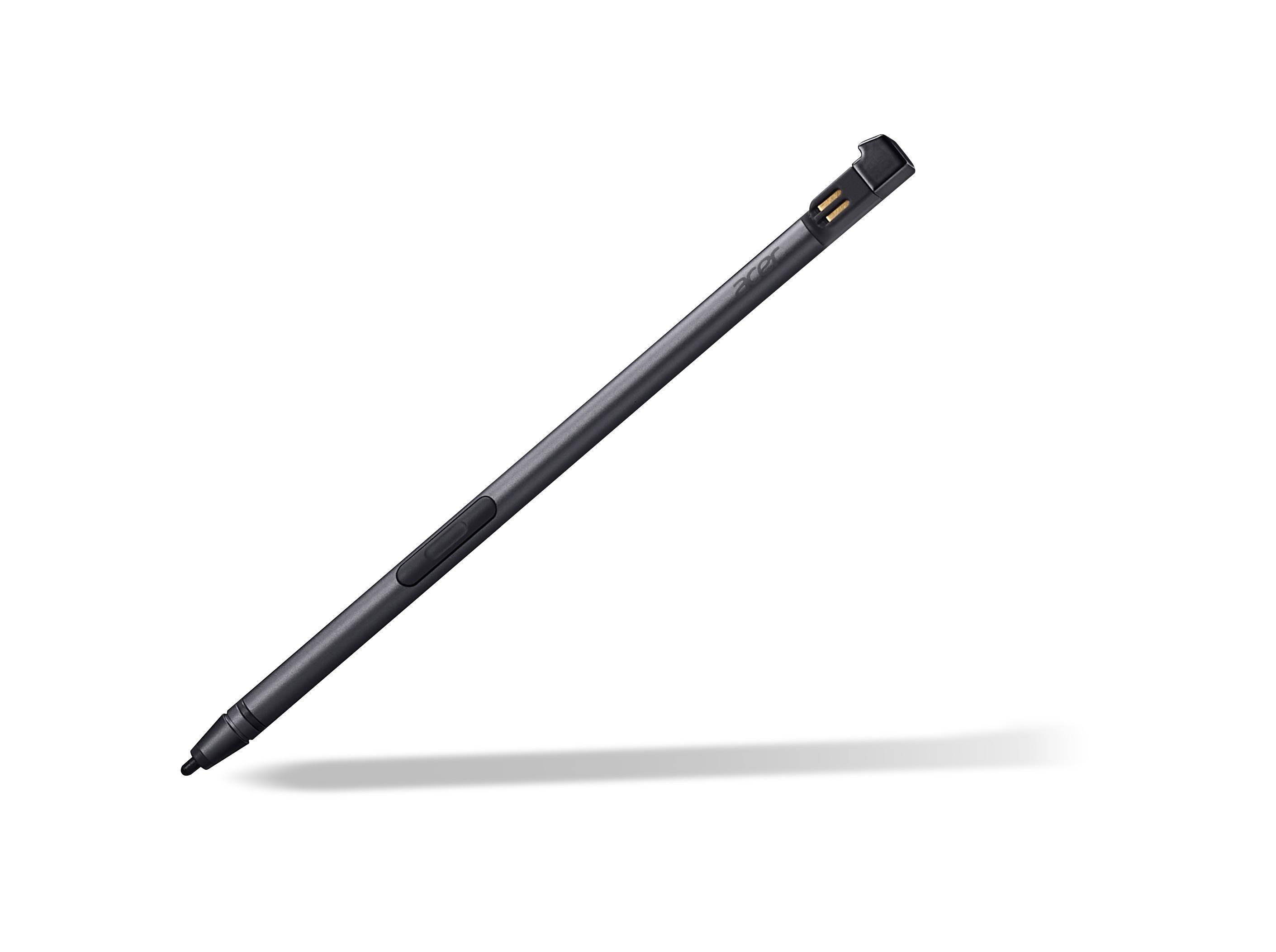 Ein schwarzer Acer-Eingabestift auf weißem Hintergrund mit Schatten.