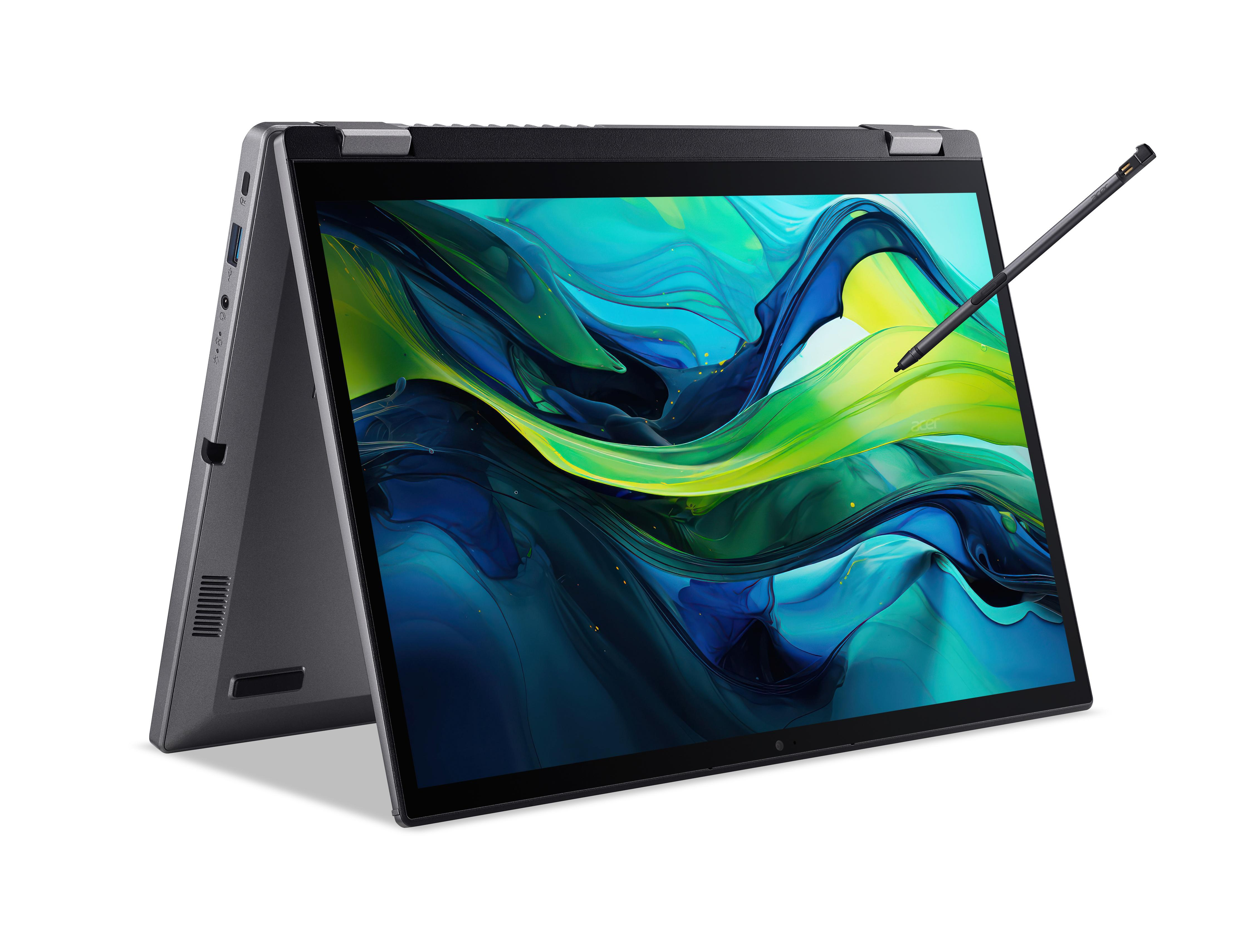 Laptop offen, Bildschirm zeigt farbenfrohe Grafiken und einen Stift.