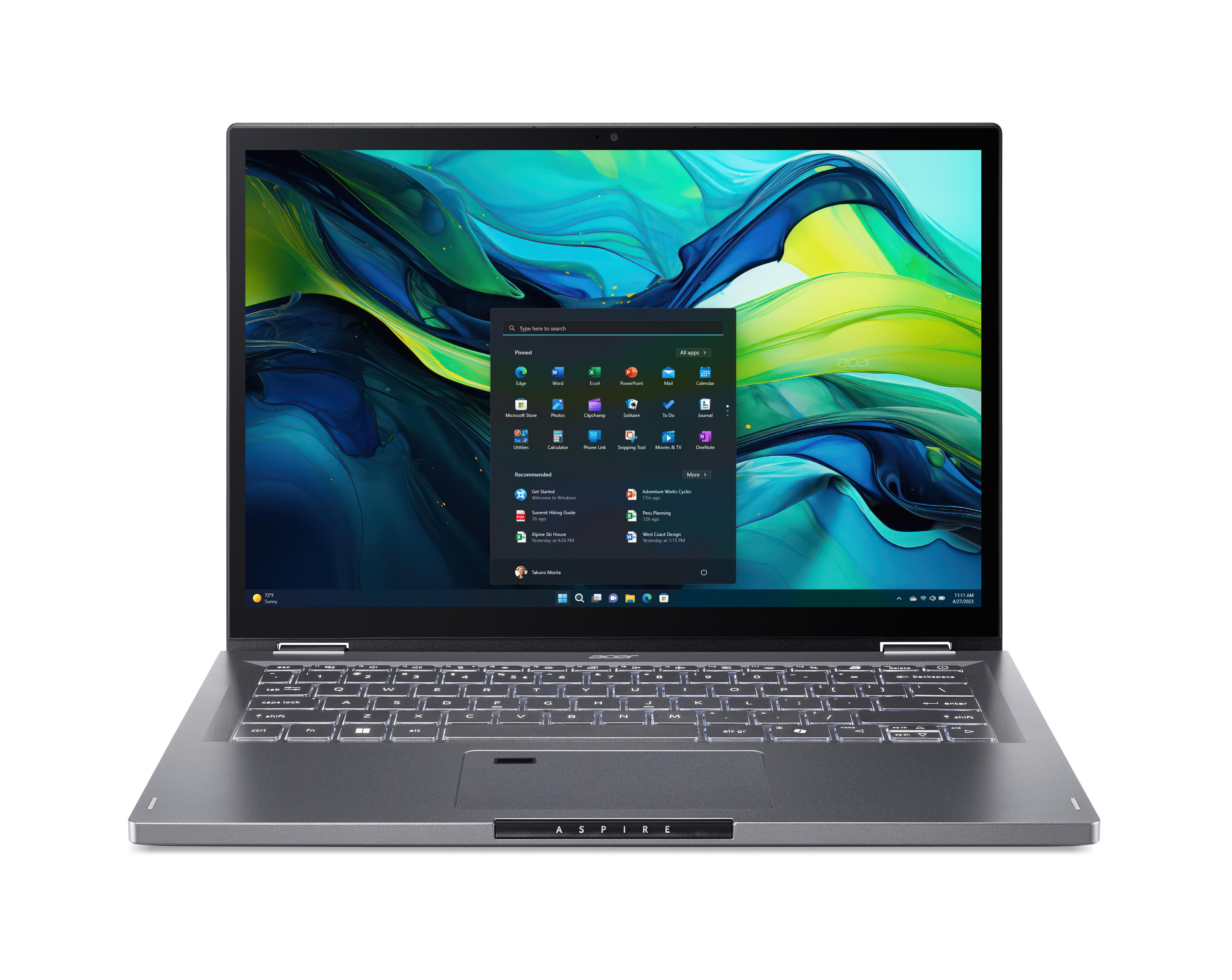 Ein grauer Acer-Laptop, offen mit Tastatur, Bildschirm mit Windows-Apps und Aspire-Logo.